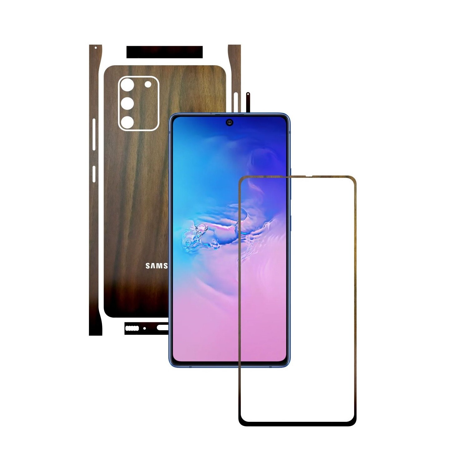 Folie Protectie Carbon Skinz pentru Samsung Galaxy S10 Lite - Lemn Nuc Split Cut, Skin Adeziv Full Body Cover pentru Rama Ecran, Carcasa Spate si Laterale