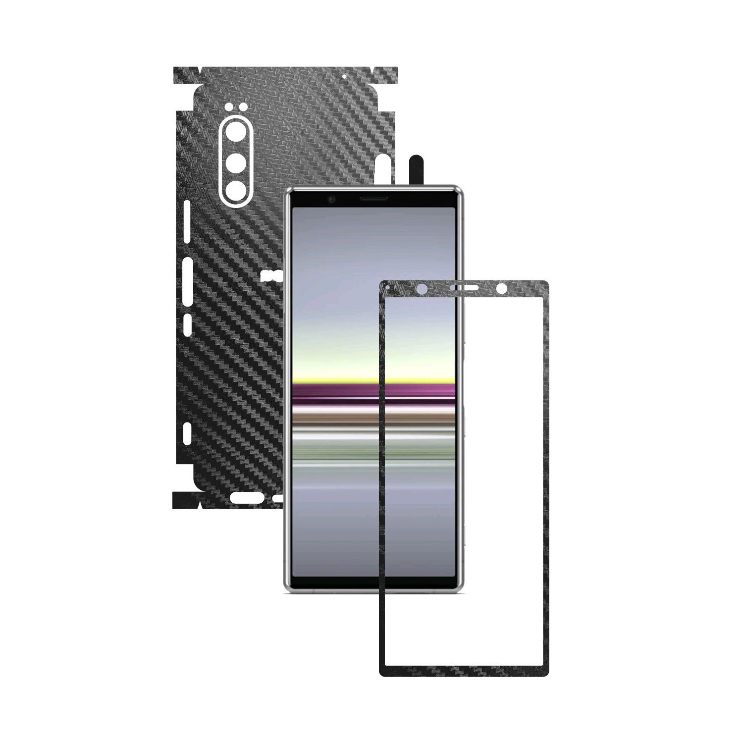 Folie Protectie Carbon Skinz pentru Sony Xperia 5 - Carbon Negru 360 Cut, Skin Adeziv Full Body Cover pentru Rama Ecran, Carcasa Spate si Laterale
