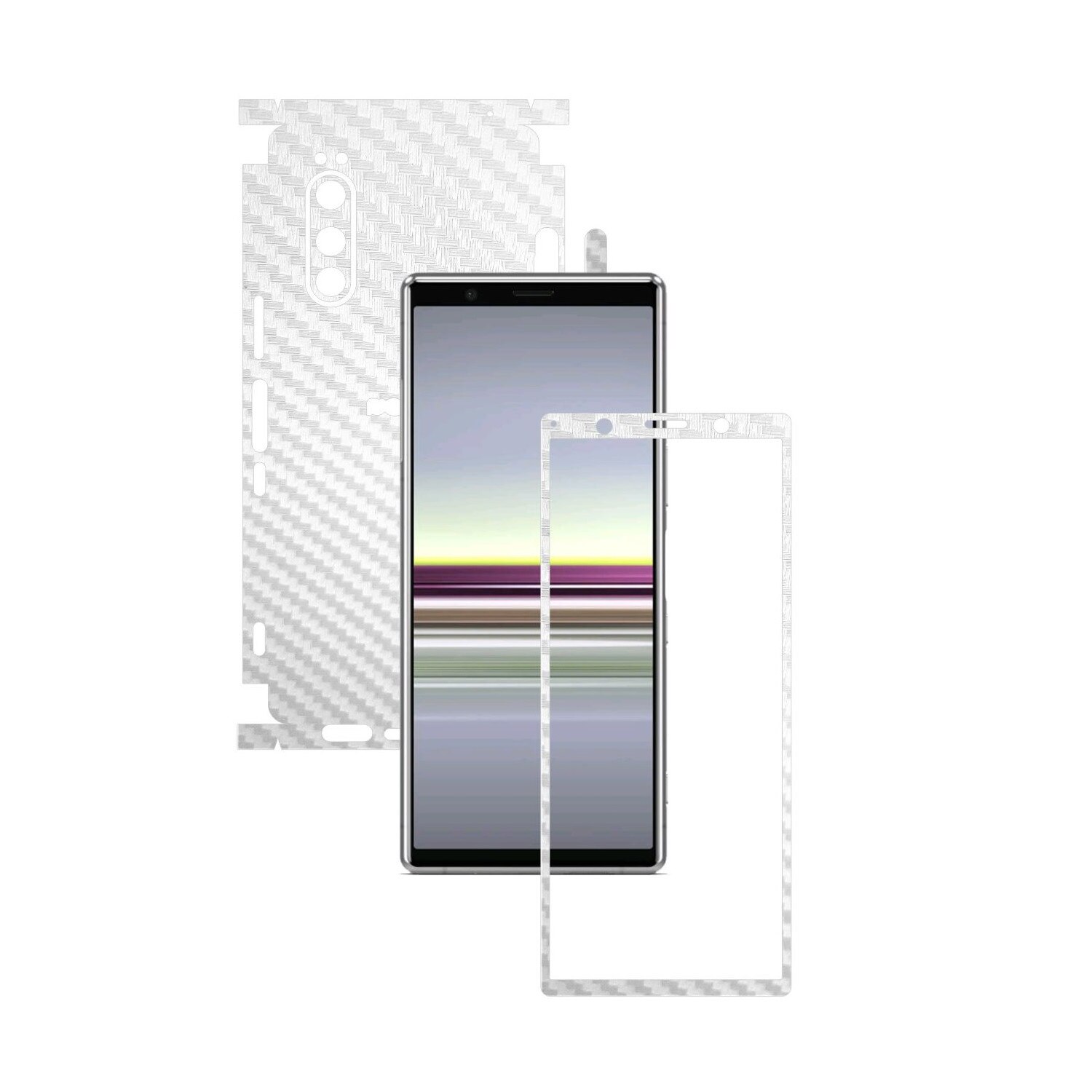 Folie Protectie Carbon Skinz pentru Sony Xperia 5 - Carbon Alb 360 Cut, Skin Adeziv Full Body Cover pentru Rama Ecran, Carcasa Spate si Laterale