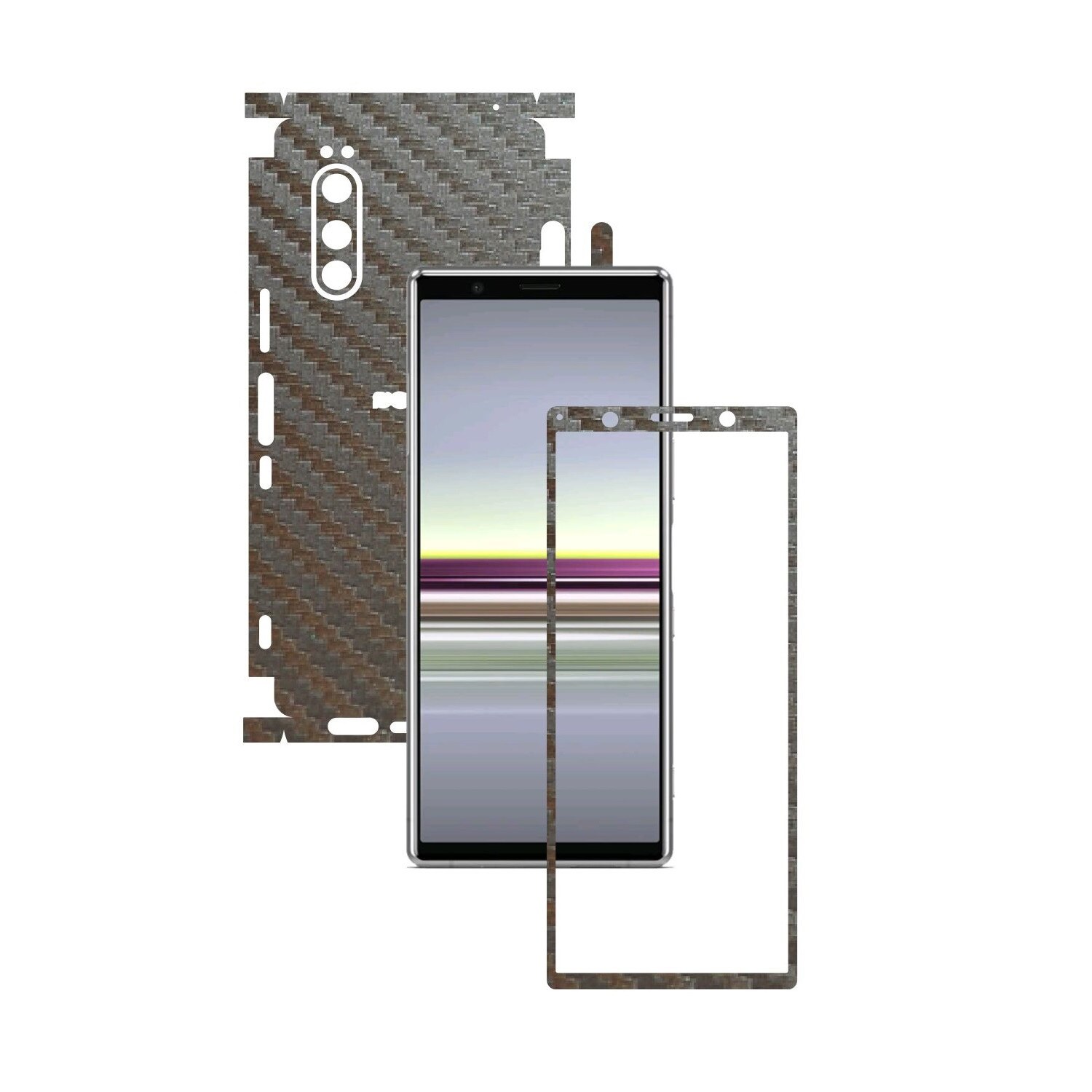 Folie Protectie Carbon Skinz pentru Sony Xperia 5 - Carbon Gri Argintiu 360 Cut, Skin Adeziv Full Body Cover pentru Rama Ecran, Carcasa Spate si Laterale