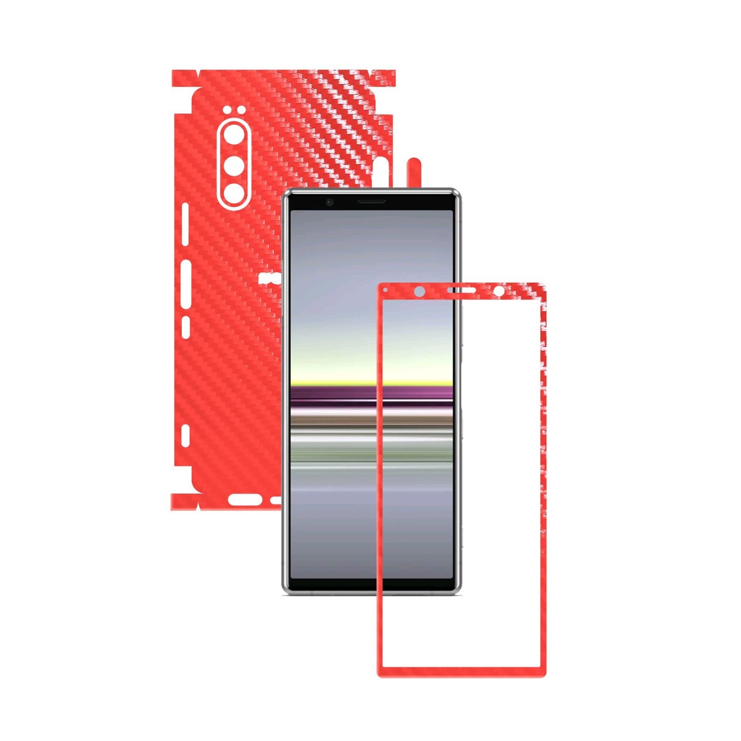 Folie Protectie Carbon Skinz pentru Sony Xperia 5 - Carbon Rosu 360 Cut, Skin Adeziv Full Body Cover pentru Rama Ecran, Carcasa Spate si Laterale