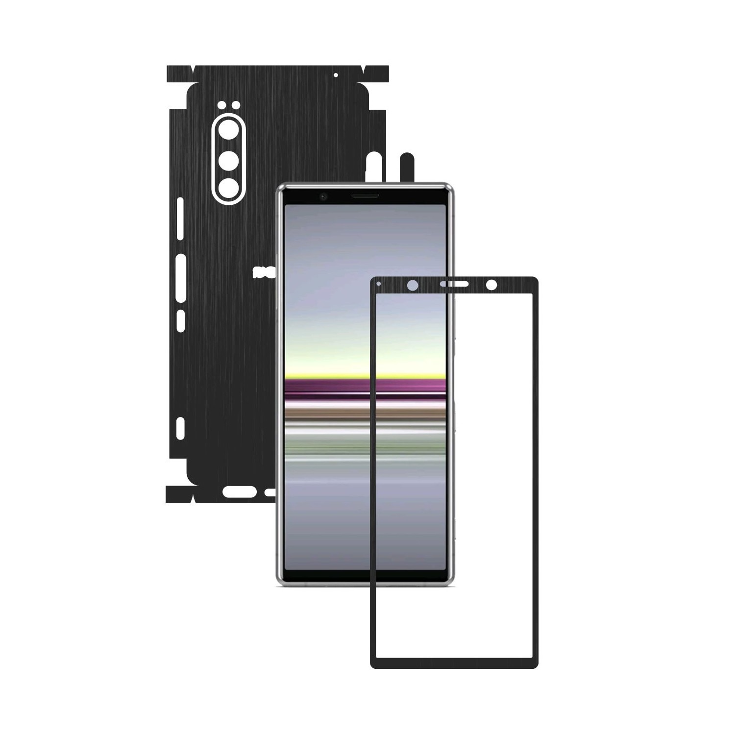Folie Protectie Carbon Skinz pentru Sony Xperia 5 - Brushed Negru 360 Cut, Skin Adeziv Full Body Cover pentru Rama Ecran, Carcasa Spate si Laterale