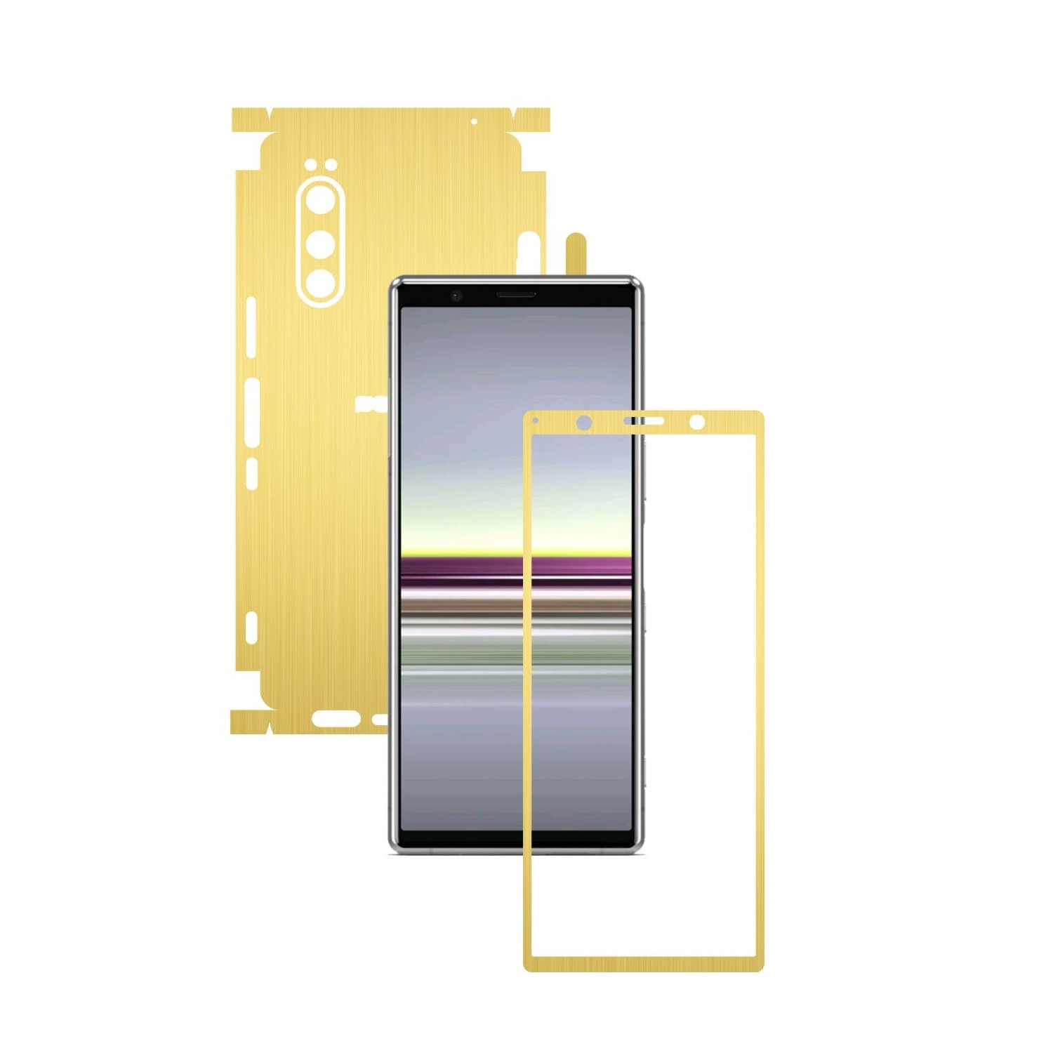 Folie Protectie Carbon Skinz pentru Sony Xperia 5 - Brushed Auriu 360 Cut, Skin Adeziv Full Body Cover pentru Rama Ecran, Carcasa Spate si Laterale