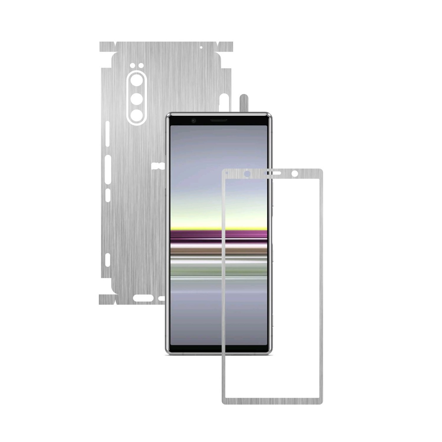 Folie Protectie Carbon Skinz pentru Sony Xperia 5 - Brushed Argintiu 360 Cut, Skin Adeziv Full Body Cover pentru Rama Ecran, Carcasa Spate si Laterale