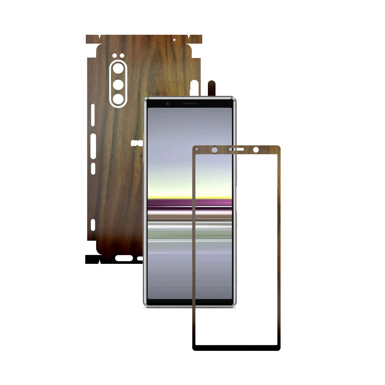 Folie Protectie Carbon Skinz pentru Sony Xperia 5 - Lemn Nuc 360 Cut, Skin Adeziv Full Body Cover pentru Rama Ecran, Carcasa Spate si Laterale