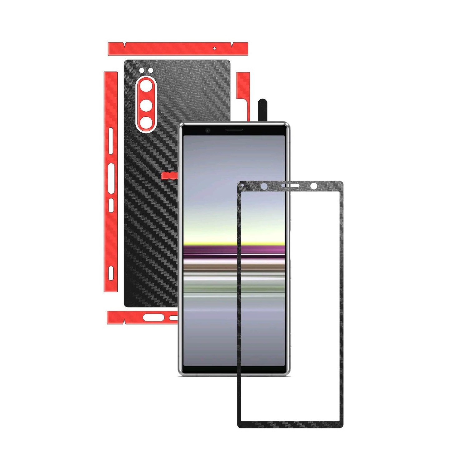 Folie Protectie Carbon Skinz pentru Sony Xperia 5 - Carbon Two Tone Negru / Rosu, Skin Adeziv Full Body Cover pentru Rama Ecran, Carcasa Spate si Laterale