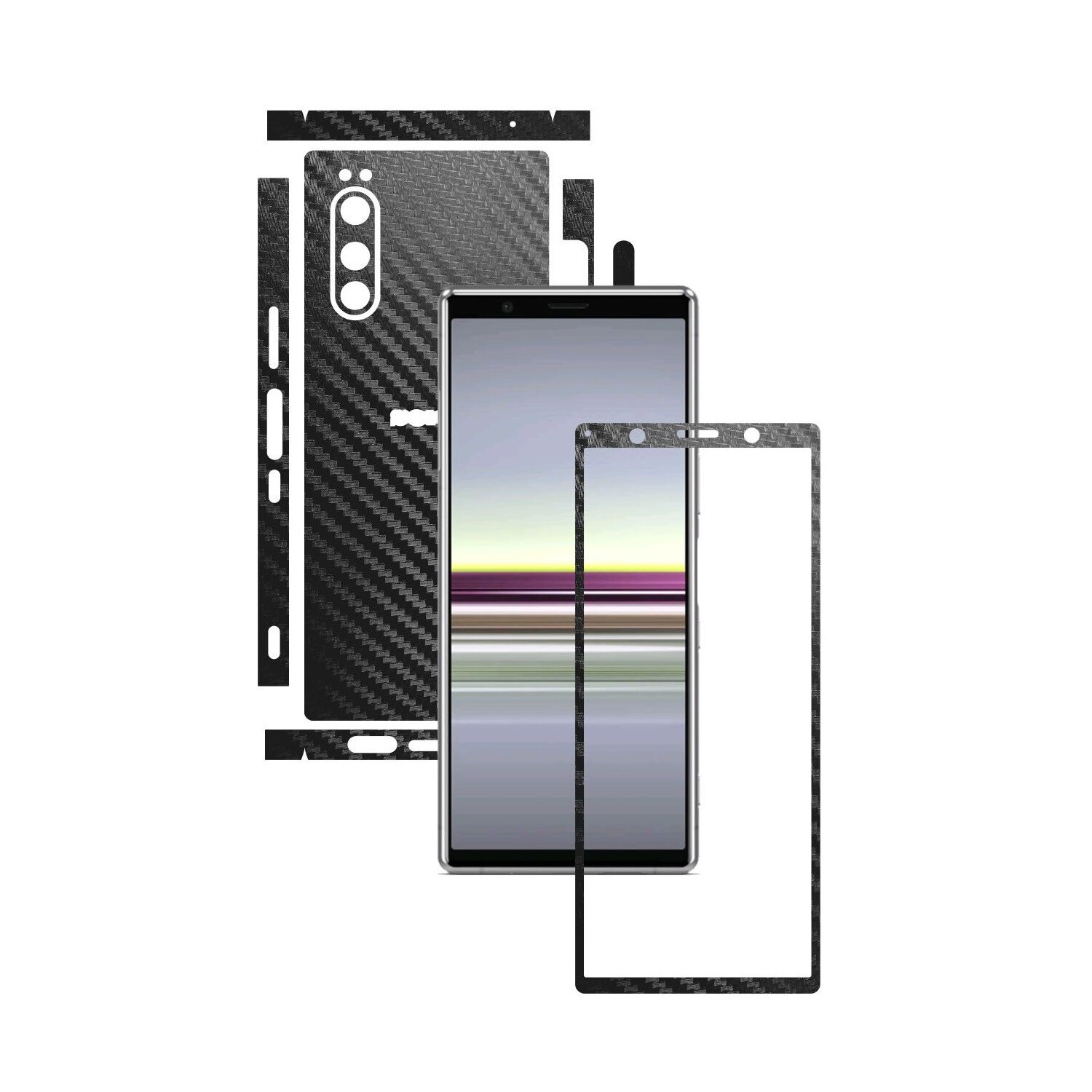 Folie Protectie Carbon Skinz pentru Sony Xperia 5 - Carbon Negru Split Cut, Skin Adeziv Full Body Cover pentru Rama Ecran, Carcasa Spate si Laterale