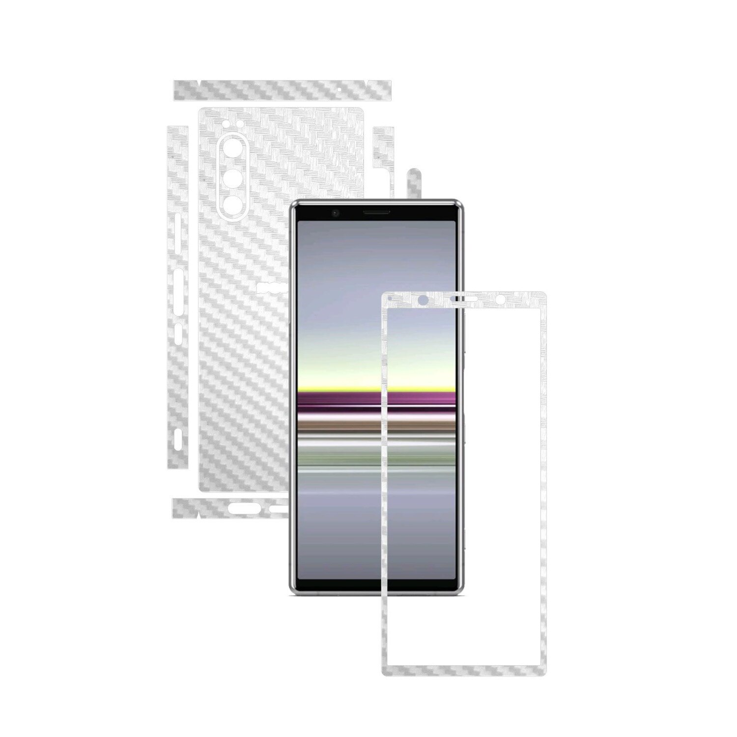 Folie Protectie Carbon Skinz pentru Sony Xperia 5 - Carbon Alb Split Cut, Skin Adeziv Full Body Cover pentru Rama Ecran, Carcasa Spate si Laterale