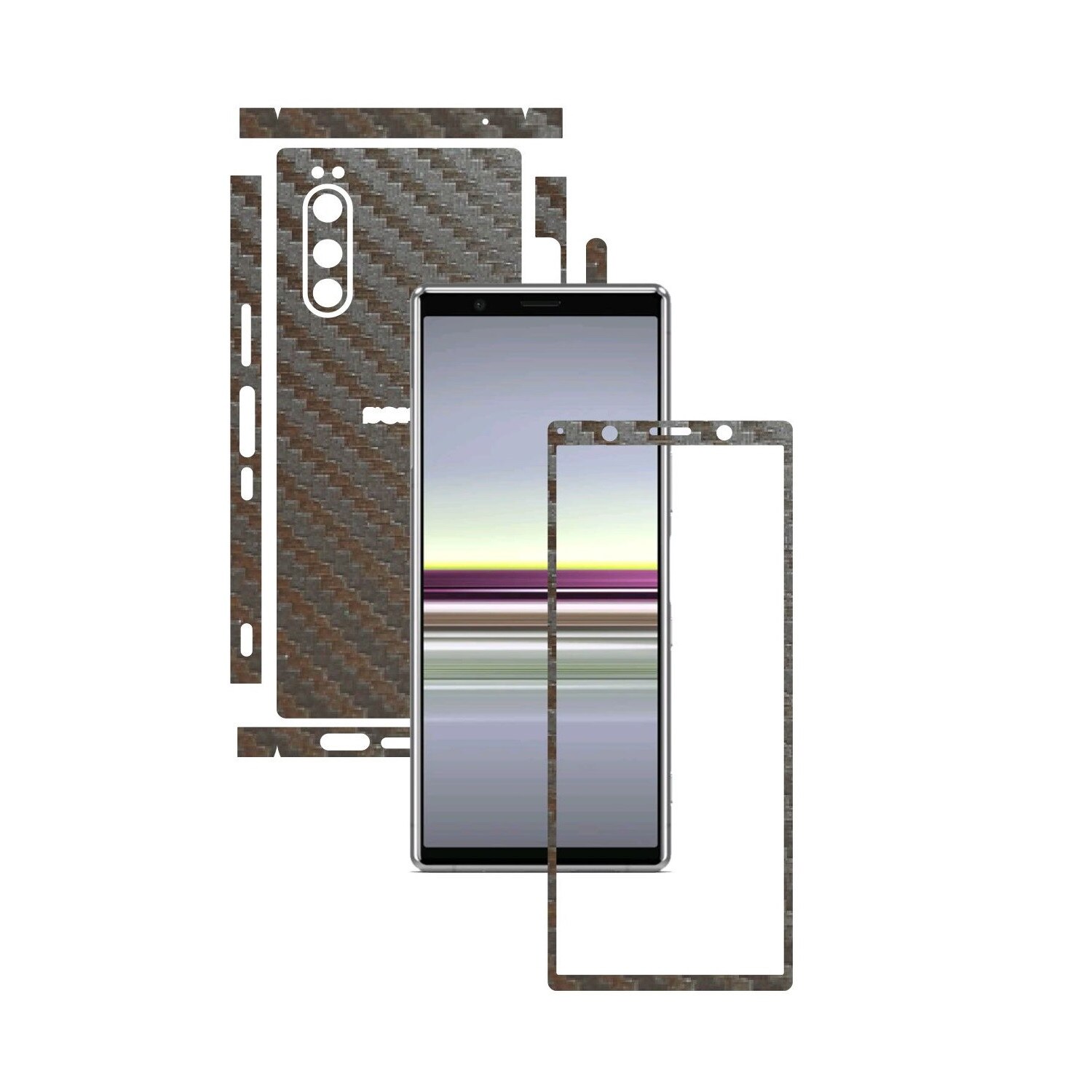 Folie Protectie Carbon Skinz pentru Sony Xperia 5 - Carbon Gri Argintiu Split Cut, Skin Adeziv Full Body Cover pentru Rama Ecran, Carcasa Spate si Laterale