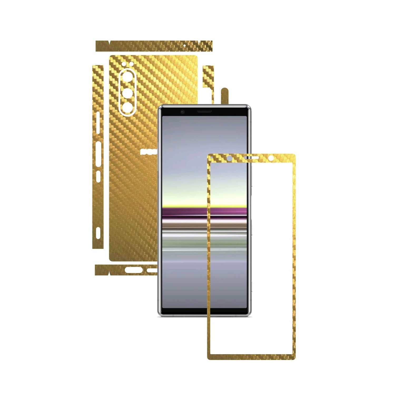 Folie Protectie Carbon Skinz pentru Sony Xperia 5 - Carbon Auriu Split Cut, Skin Adeziv Full Body Cover pentru Rama Ecran, Carcasa Spate si Laterale