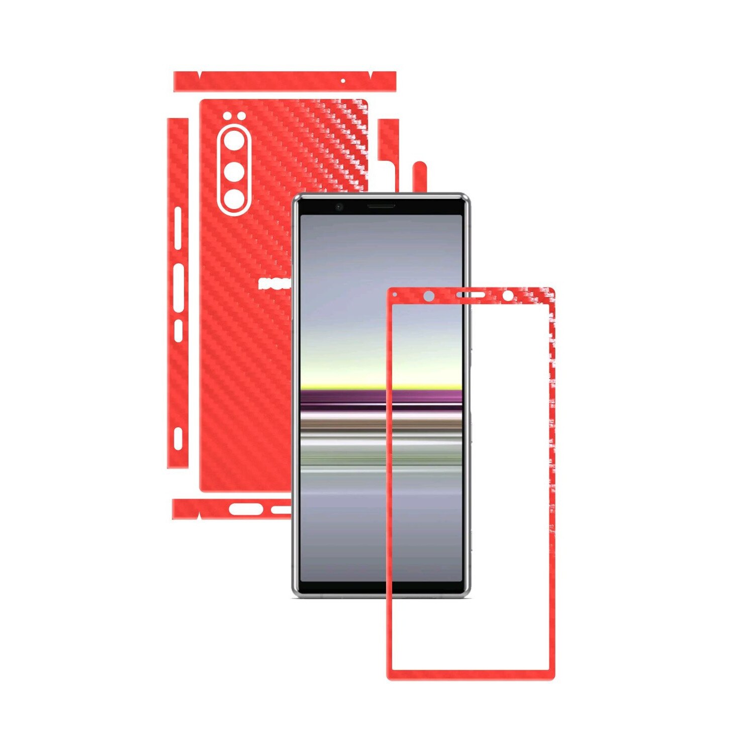 Folie Protectie Carbon Skinz pentru Sony Xperia 5 - Carbon Rosu Split Cut, Skin Adeziv Full Body Cover pentru Rama Ecran, Carcasa Spate si Laterale