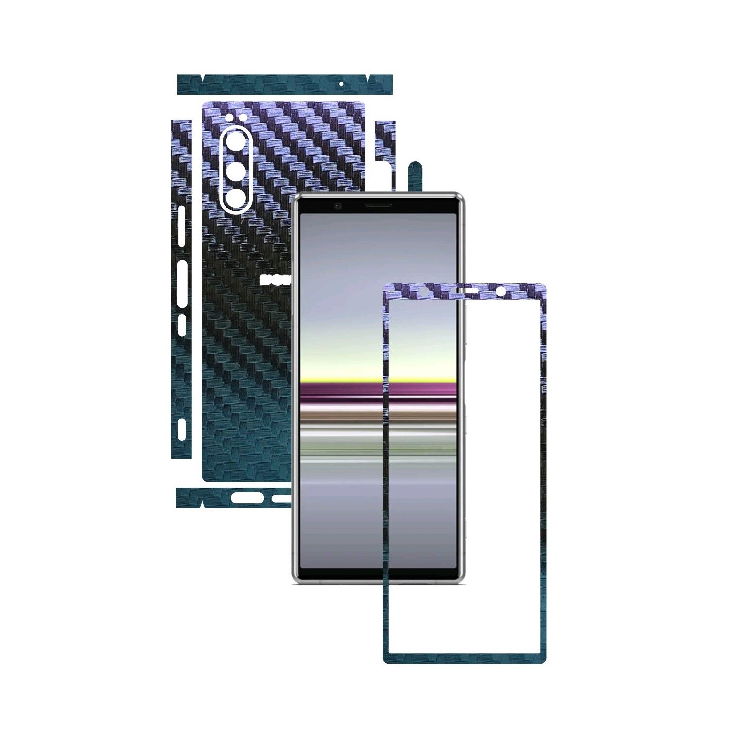 Folie Protectie Carbon Skinz pentru Sony Xperia 5 - Carbon Cameleon Split Cut, Skin Adeziv Full Body Cover pentru Rama Ecran, Carcasa Spate si Laterale
