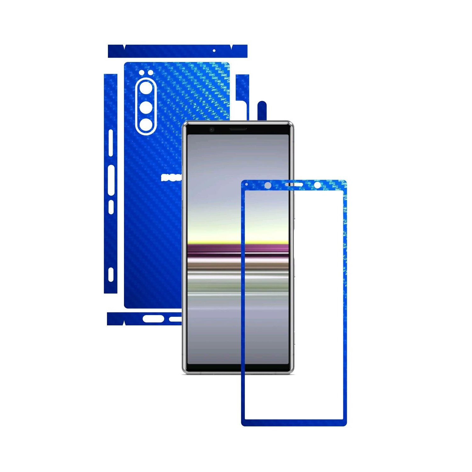 Folie Protectie Carbon Skinz pentru Sony Xperia 5 - Carbon Albastru Split Cut, Skin Adeziv Full Body Cover pentru Rama Ecran, Carcasa Spate si Laterale