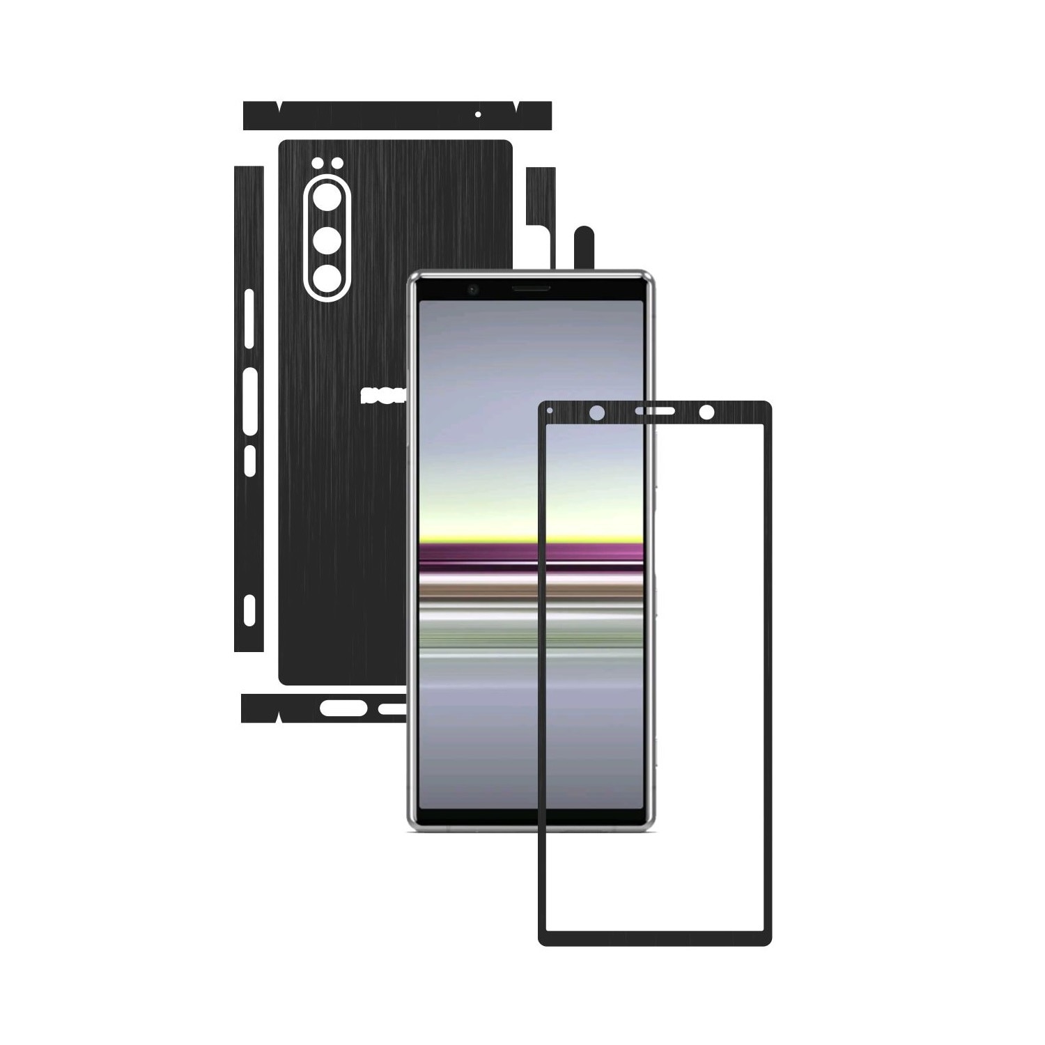 Folie Protectie Carbon Skinz pentru Sony Xperia 5 - Brushed Negru Split Cut, Skin Adeziv Full Body Cover pentru Rama Ecran, Carcasa Spate si Laterale