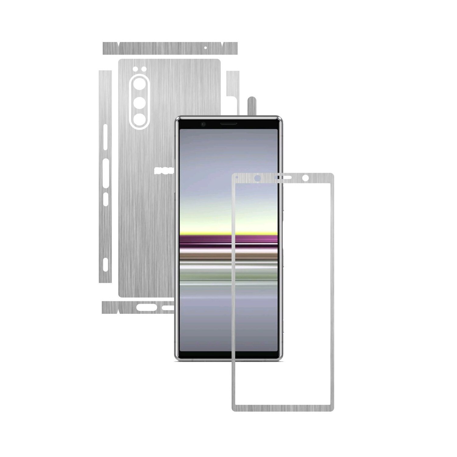 Folie Protectie Carbon Skinz pentru Sony Xperia 5 - Brushed Argintiu Split Cut, Skin Adeziv Full Body Cover pentru Rama Ecran, Carcasa Spate si Laterale