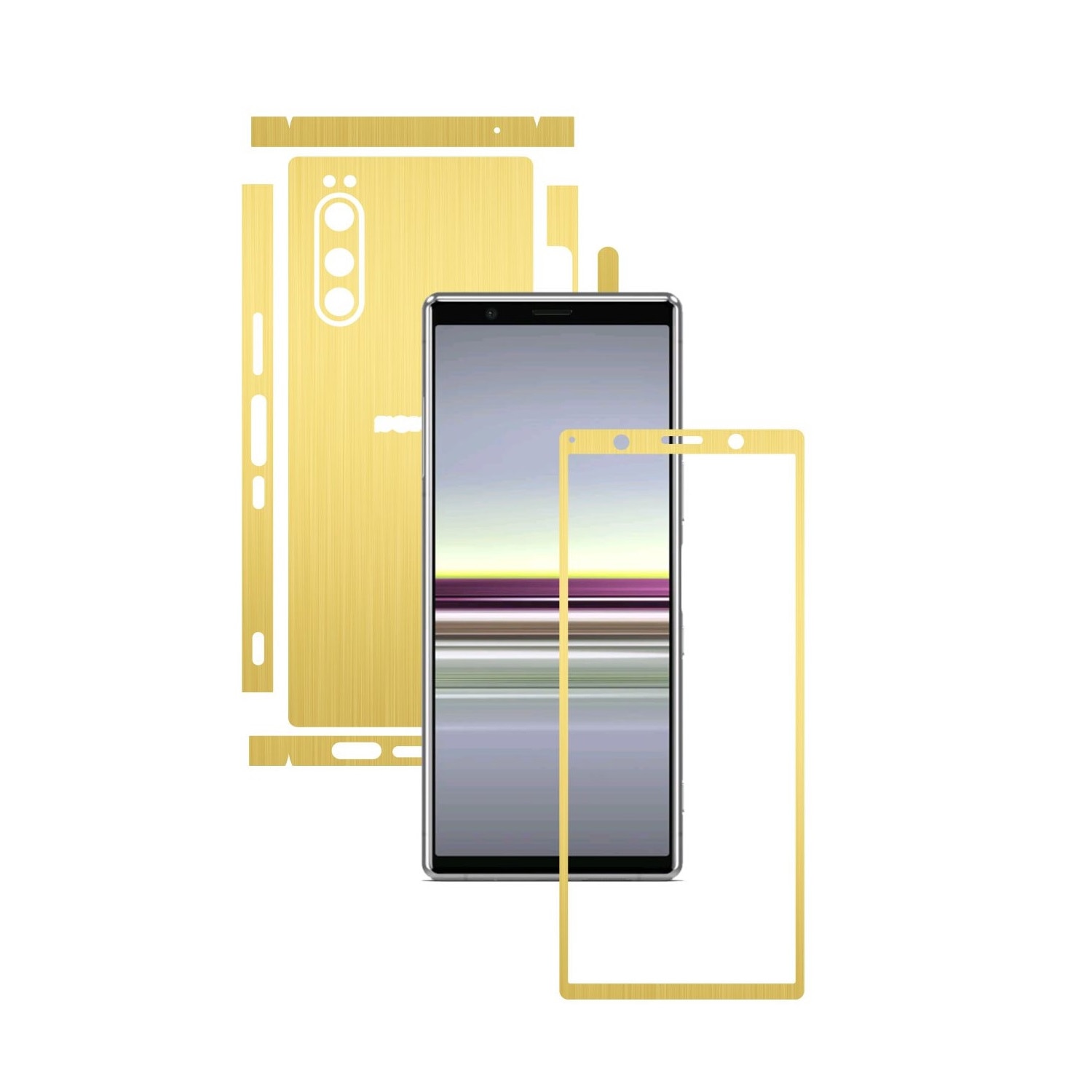 Folie Protectie Carbon Skinz pentru Sony Xperia 5 - Brushed Auriu Split Cut, Skin Adeziv Full Body Cover pentru Rama Ecran, Carcasa Spate si Laterale