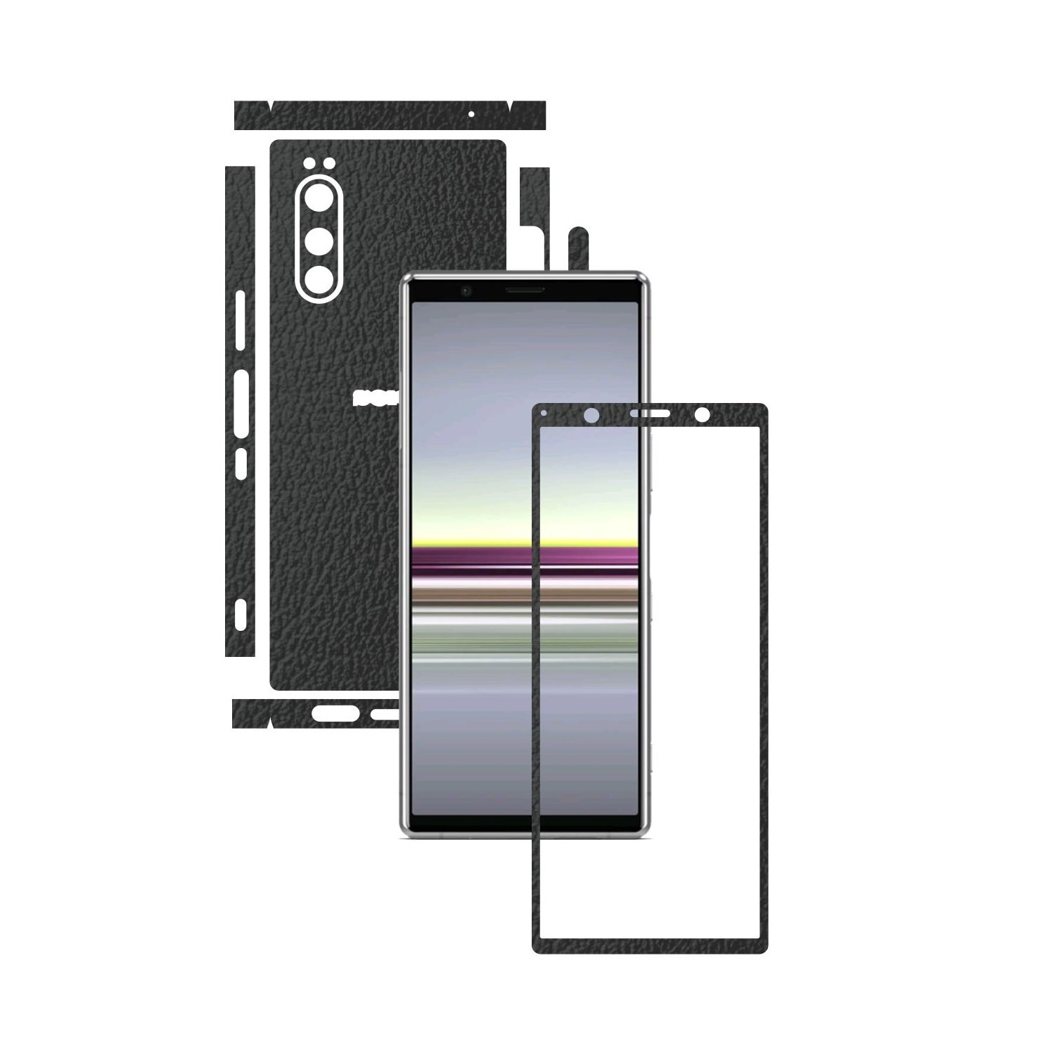 Folie Protectie Carbon Skinz pentru Sony Xperia 5 - Piele Neagra Split Cut, Skin Adeziv Full Body Cover pentru Rama Ecran, Carcasa Spate si Laterale