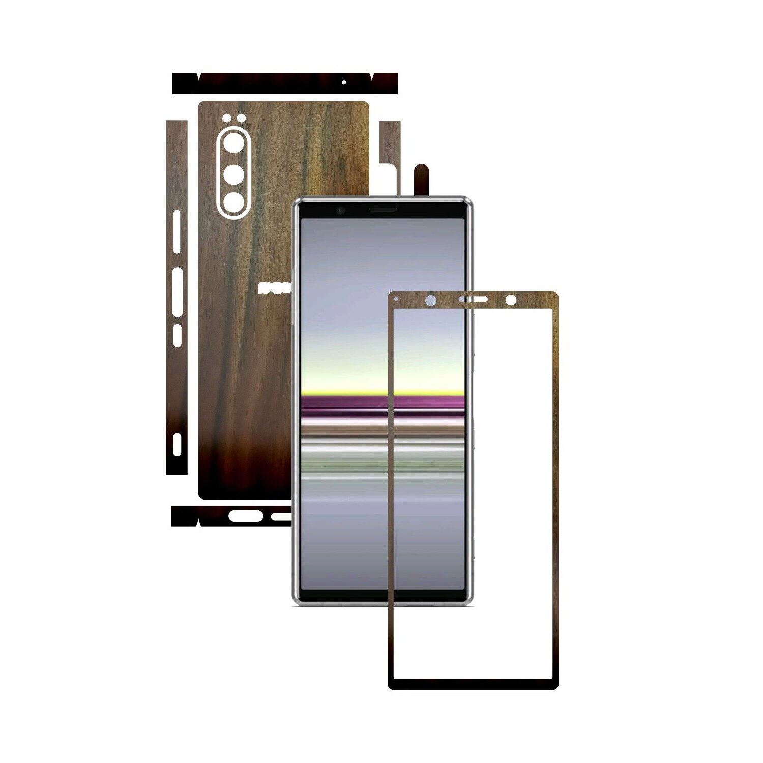 Folie Protectie Carbon Skinz pentru Sony Xperia 5 - Lemn Nuc Split Cut, Skin Adeziv Full Body Cover pentru Rama Ecran, Carcasa Spate si Laterale
