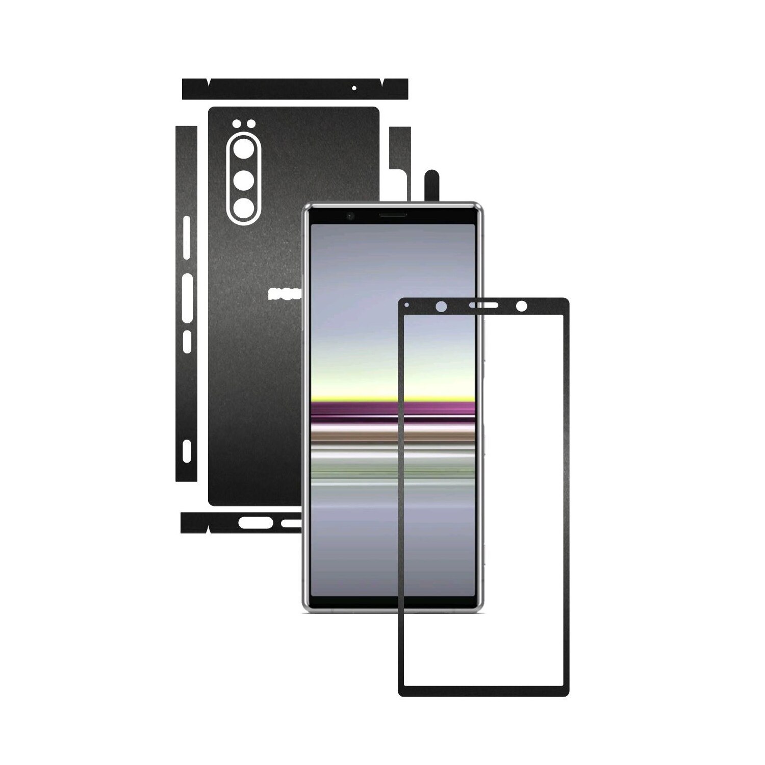 Folie Protectie Carbon Skinz pentru Sony Xperia 5 - Negru Mat Split Cut, Skin Adeziv Full Body Cover pentru Rama Ecran, Carcasa Spate si Laterale