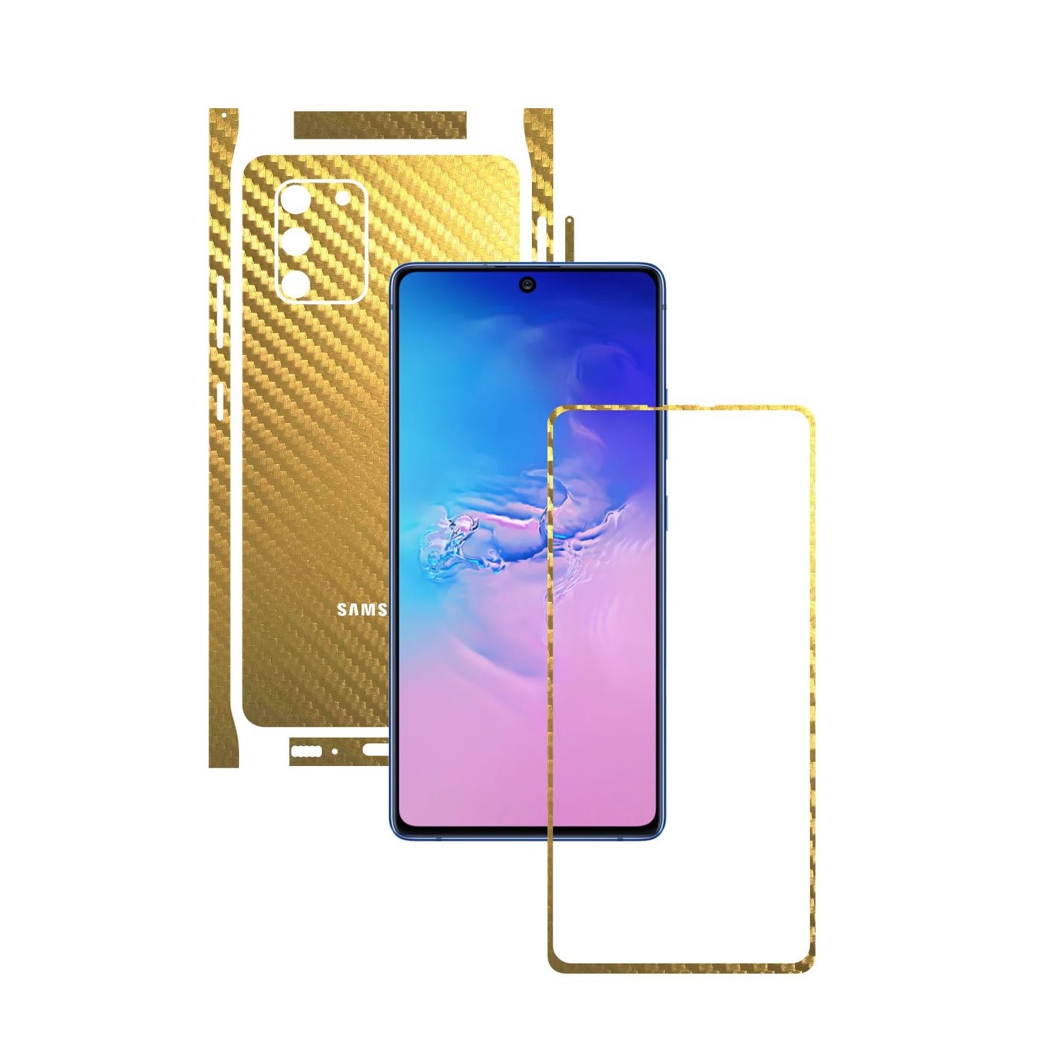 Folie Protectie Carbon Skinz pentru Samsung Galaxy S10 Lite - Carbon Auriu Split Cut, Skin Adeziv Full Body Cover pentru Rama Ecran, Carcasa Spate si Laterale