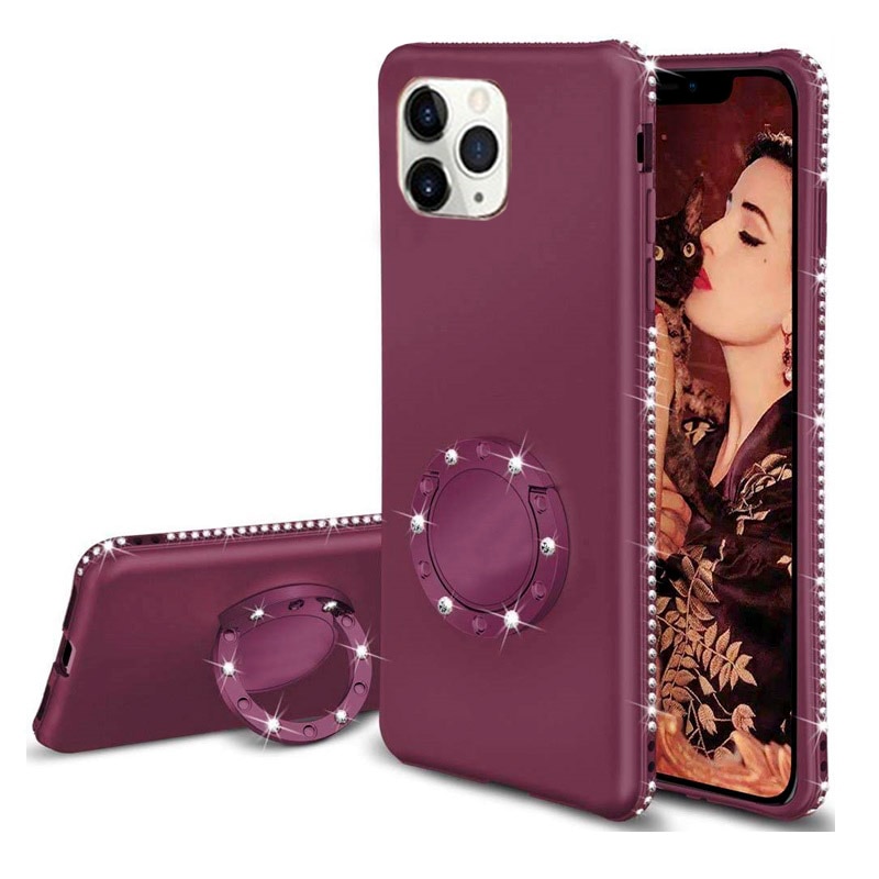Husa slim din silicon cu Inel si Bumper cu strasuri iPhone 11 PRO Mov