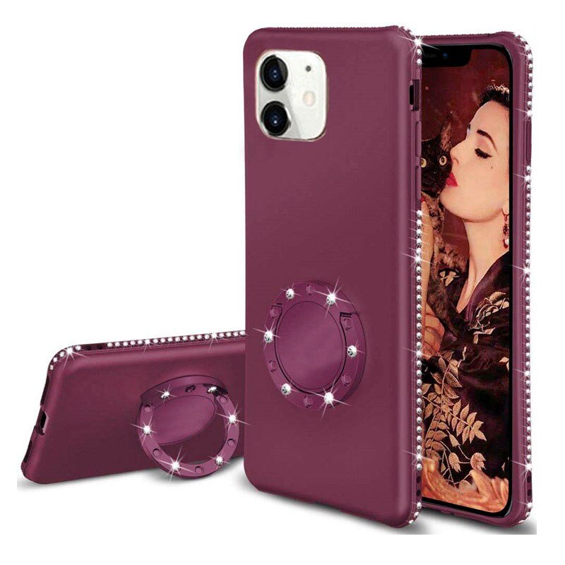 Husa slim din silicon cu Inel si Bumper cu strasuri iPhone 11 Mov