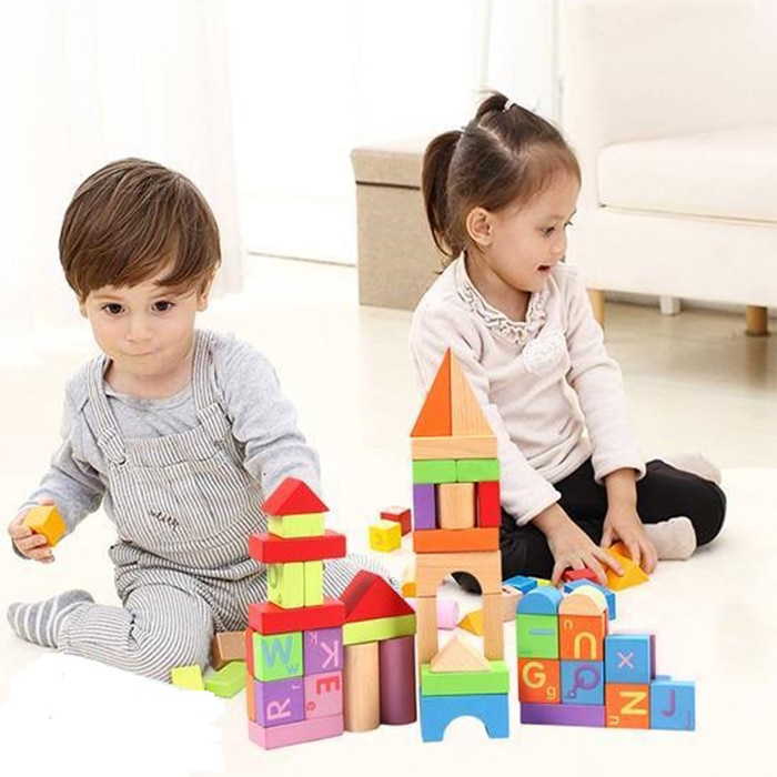 Set Constructie Cuburi Forme Educative din Lemn Natural la galeata, 100 Piese, Jucarie educationala pentru copii, AK8339