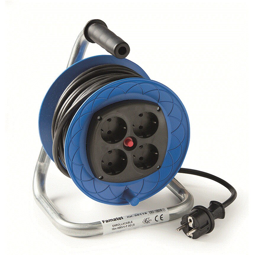 Derulator Famatel 4 prize schuko 15m HO5VV-F 3X1,5mmp cu stecher schuko 16A, 230V IP20