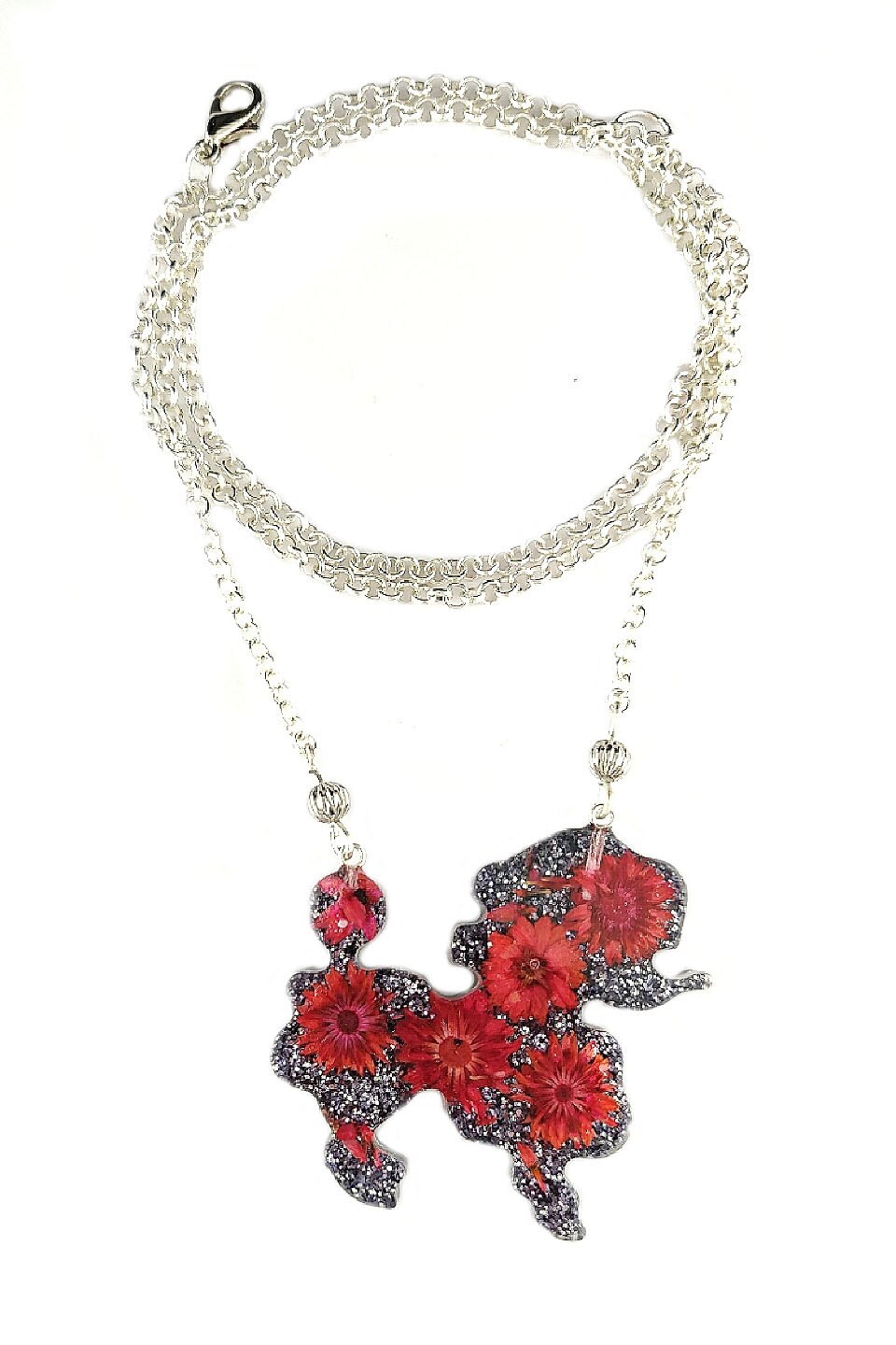 Coier cu pandativ din flori naturale, Delirium, rasina, catel, unicat, negru-rosu, 50 cm