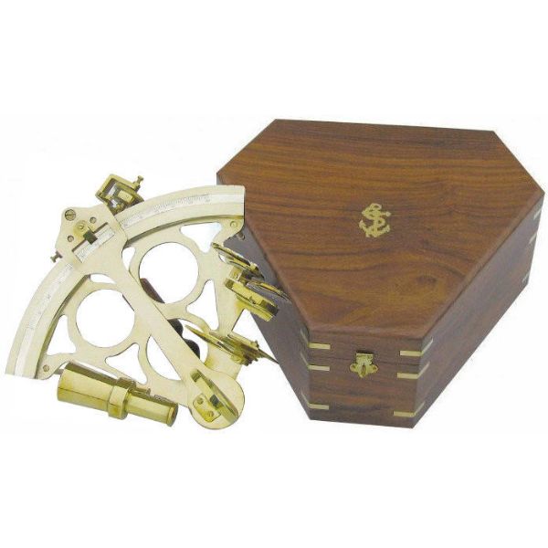Sextant Sea Club in cutie de lemn, alama lustruita, 29.5x26x13cm