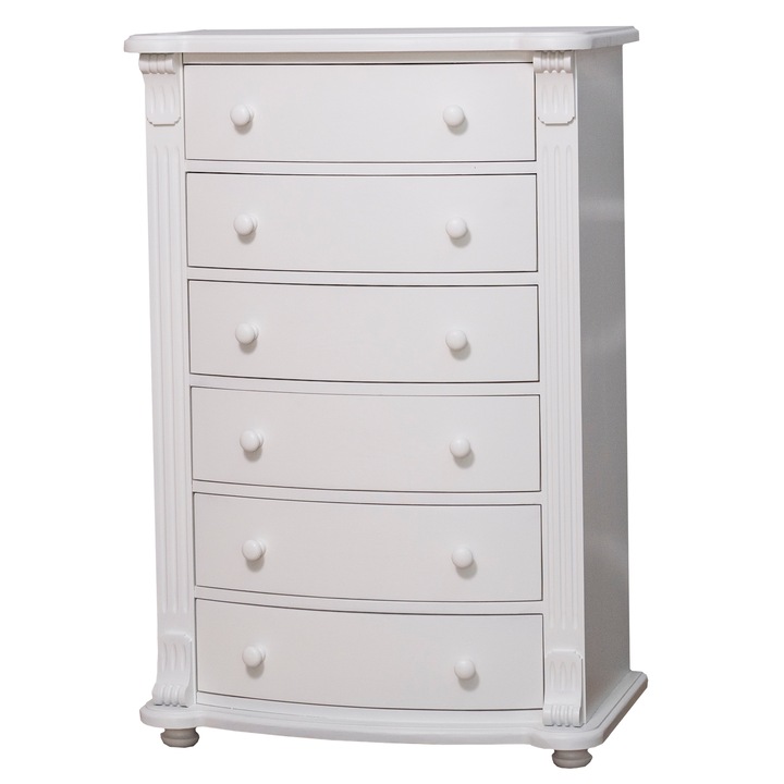 Comoda cu 6 sertare curbate, culoare alb murdar, vopsit, 100% lemn masiv