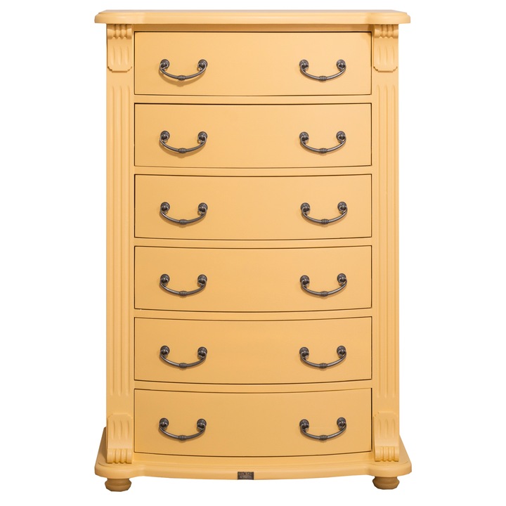 Comoda cu 6 sertare curbate cu sine metalice, culoare galben, vopsit, 100% lemn masiv