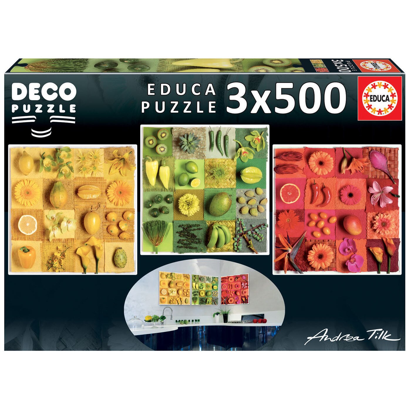 Set 3 Puzzle de 500 piese Deco Exotic Fruits and Flowers, Andrea Tilk 18454, Educa