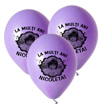 Baloane personalizate cu fotografie, La Multi Ani, set 30 bucati, culoare mov Baloane personalizate cu fotografie, La Multi Ani, set 30 bucati, culoare mov