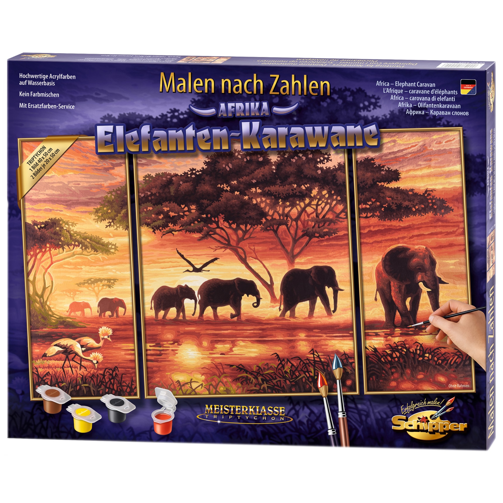Set pictura pe numere Schipper Triptic - Africa - Elephant Caravan, 50x80 cm