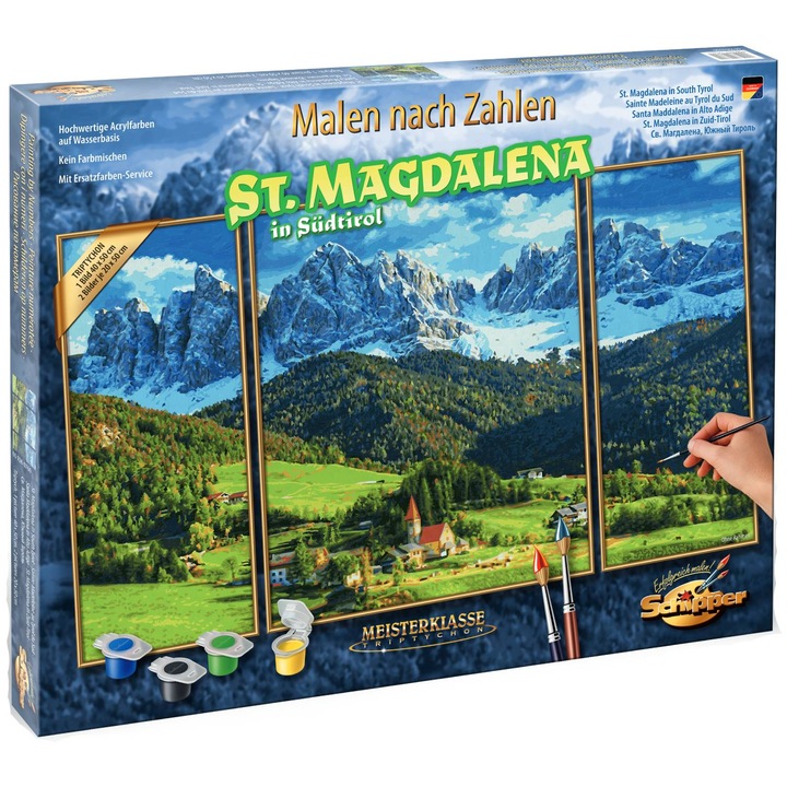 Комплект за рисуване по номера Schipper Triptic - St. Magdalena in South Tyrol, 50x80 см