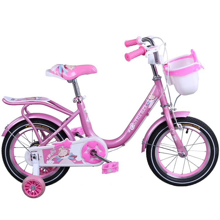 Bicicleta Go Kart Mia roz 16 inch cu pedale pentru fetite cu varsta intre 3-7 ani ,roti ajutatoare silicon ,aparatoare noroi,sonerie,portbagaj si cosulet plastic pentru jucarii,culoare roz