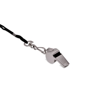 Fluier pentru arbitri, Zola®, gri, cu snur negru, metalic Fluier pentru arbitri, Zola®, gri, cu snur negru, metalic