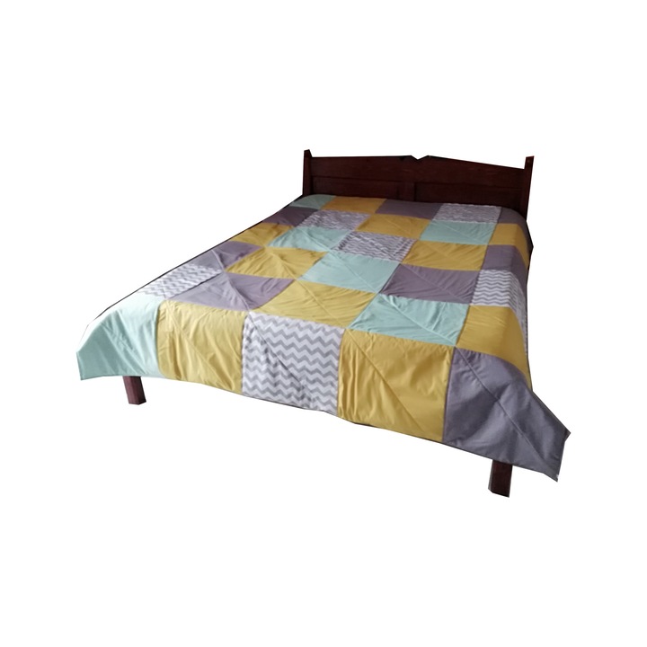 Cuvertura pat matrimonial, Model patchwork galben/gri,menta, 200x220 cm