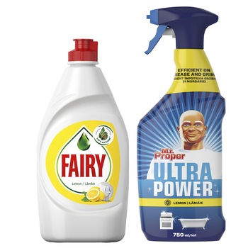 Pachet Promo: Detergent de vase Fairy Lemon 450 ml + Detergent universal spray Mr. Proper Lemon 750 ml Pachet Promo: Detergent de vase Fairy Lemon 450 ml + Detergent universal spray Mr. Proper Lemon 750 ml