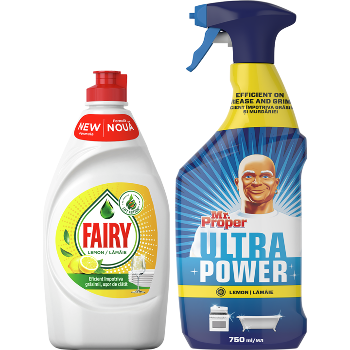 Комплект: Почистващ препарат за съдове Fairy Lemon, 450 мл + Спрей за почистване Mr. Proper Lemon, Универсален, 750 мл