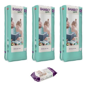 Pachet scutece Ecologice Bambo Nature Nr. 6 (16+ kg), 3x40 de bucati si servetele umede BAMBO Nature, 80 buc Pachet scutece Ecologice Bambo Nature Nr. 6 (16+ kg), 3x40 de bucati si servetele umede BAMBO Nature, 80 buc