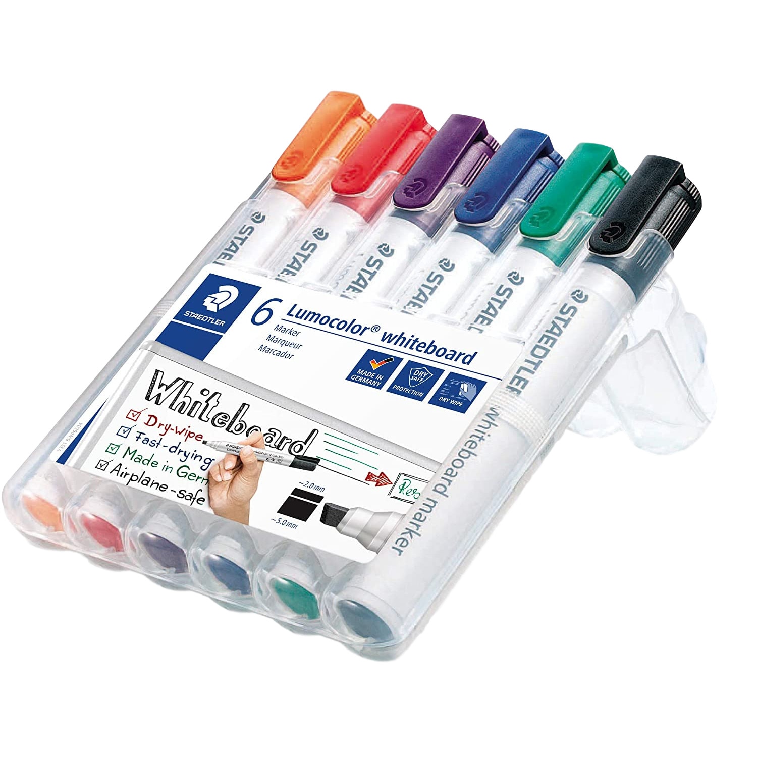 Set 6 Markere pentru Whiteboard STAEDTLER Lumocolor 351BWP6, Multicolor, Varf Oblic-Dalta 2-5 mm, DrySafe
