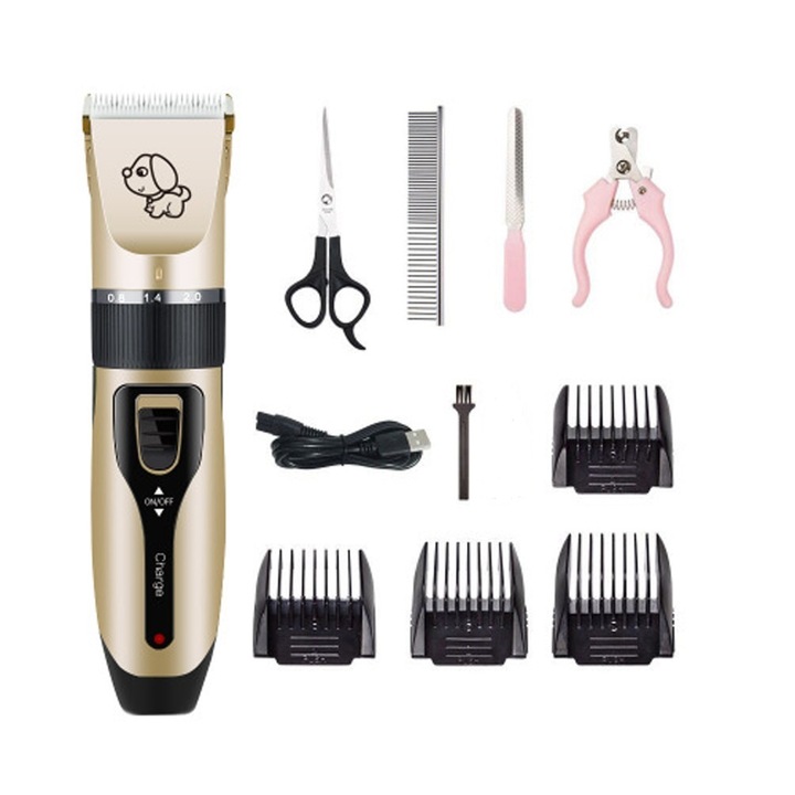 Set Masina de tuns cu 4 accesorii de reglaj, foarfeca, pieptan, pila de unghii si cleste pentru unghii