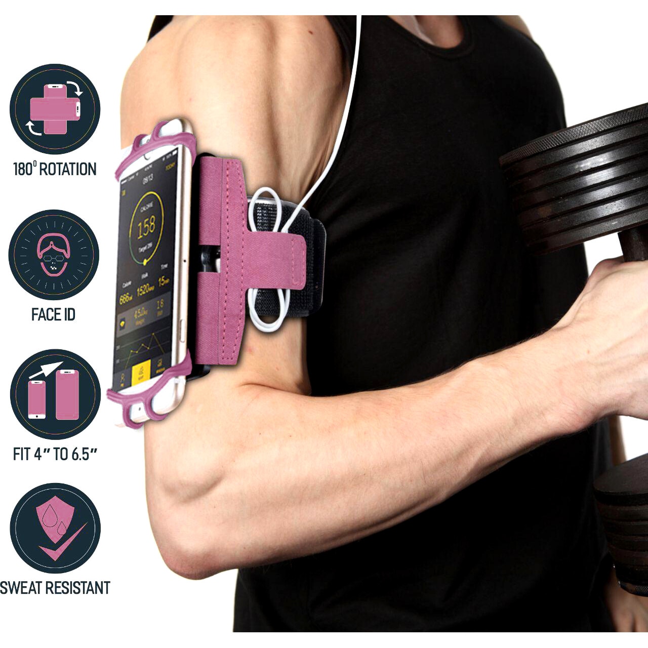 Husa banderola telefon pentru brat/mana pentru alergat, yoga, fitness, sala, Universala, cu 360° rotire, Armband suport pentru brat smartphone jogging, Ideas4Comfort ®, Roz