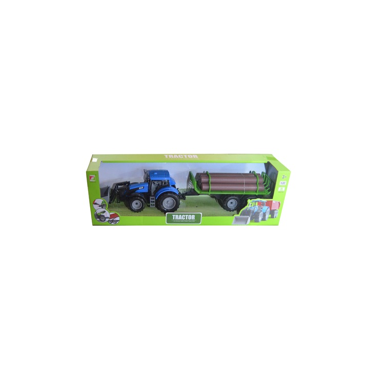 OEM Játék, Mezőgazdasági traktor, fa pótkocsival, kék