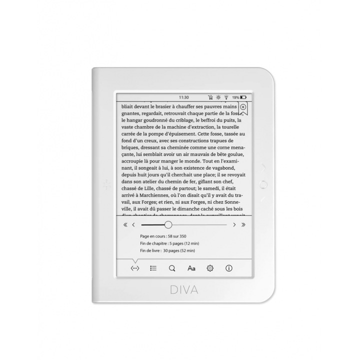 EBook четец BOOKEEN Diva HD 6", тъч, подсветка, 300dpi, бял