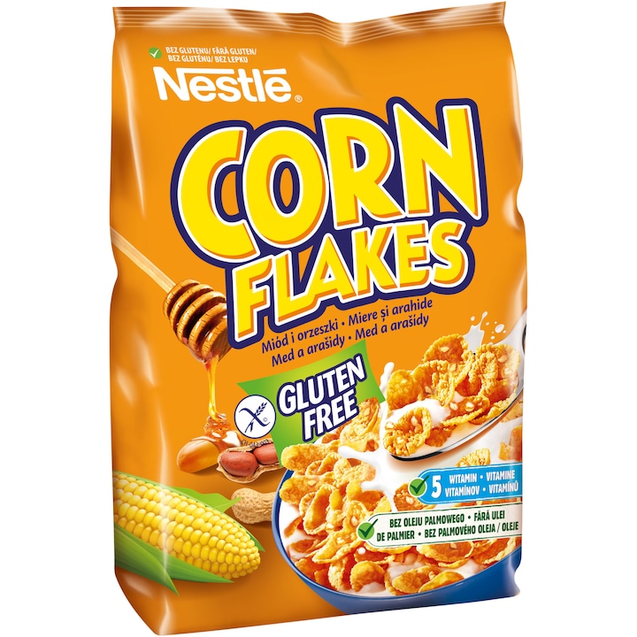 Cereale integrale fara gluten Corn Flakes cu miere si alune, 450 gr.