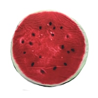 Perna decor, 2 fete, tip rotund , diametru 37 cm, poliester, imprimeu imitatie pepene rosu, husa fermoar, grosime 6.5 cm, gramaj 200 g