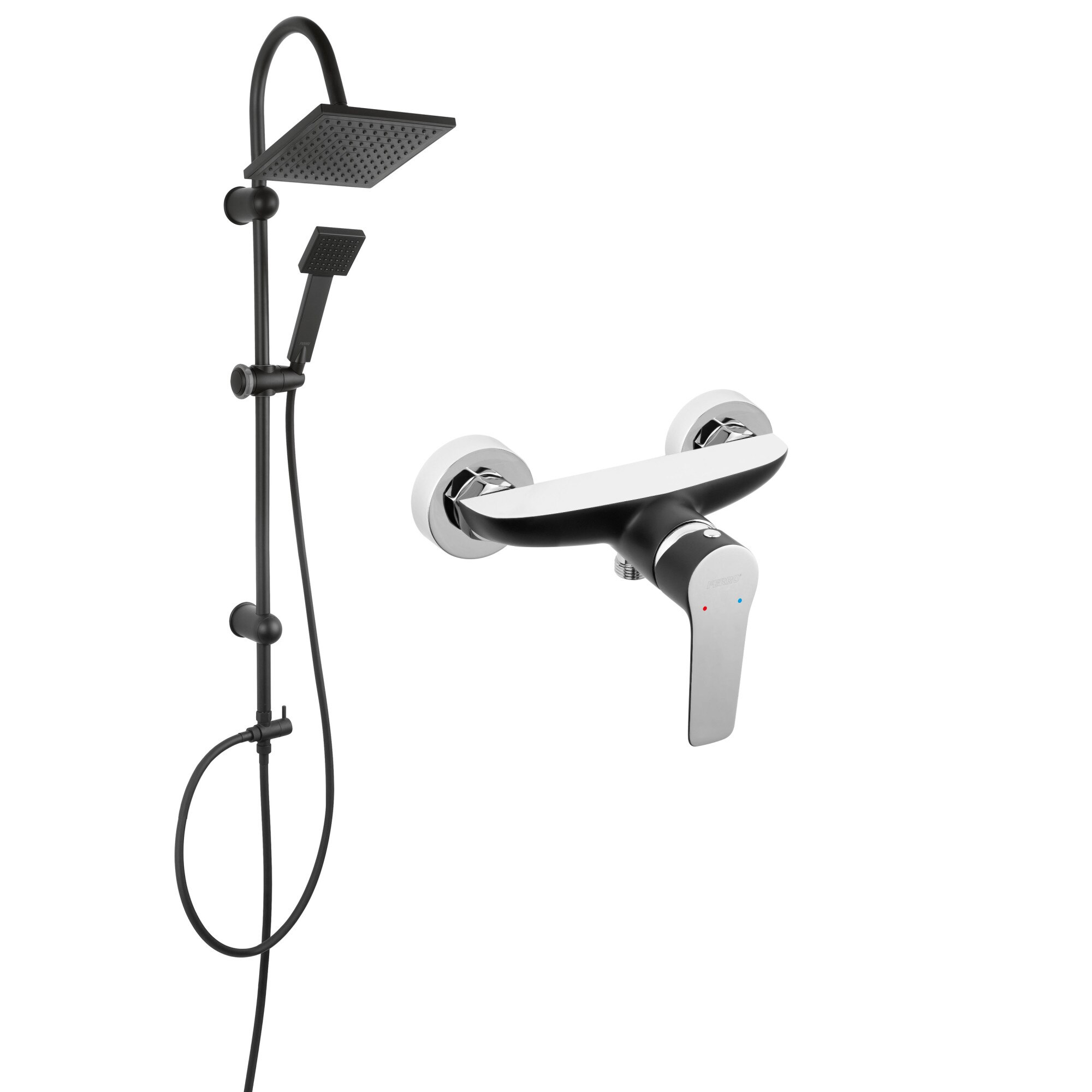 Coloana de dus Ferro Adore Black, cu baterie cada / dus, set bara dus, culisant, dus fix, para dus mobila, negru/crom, mat